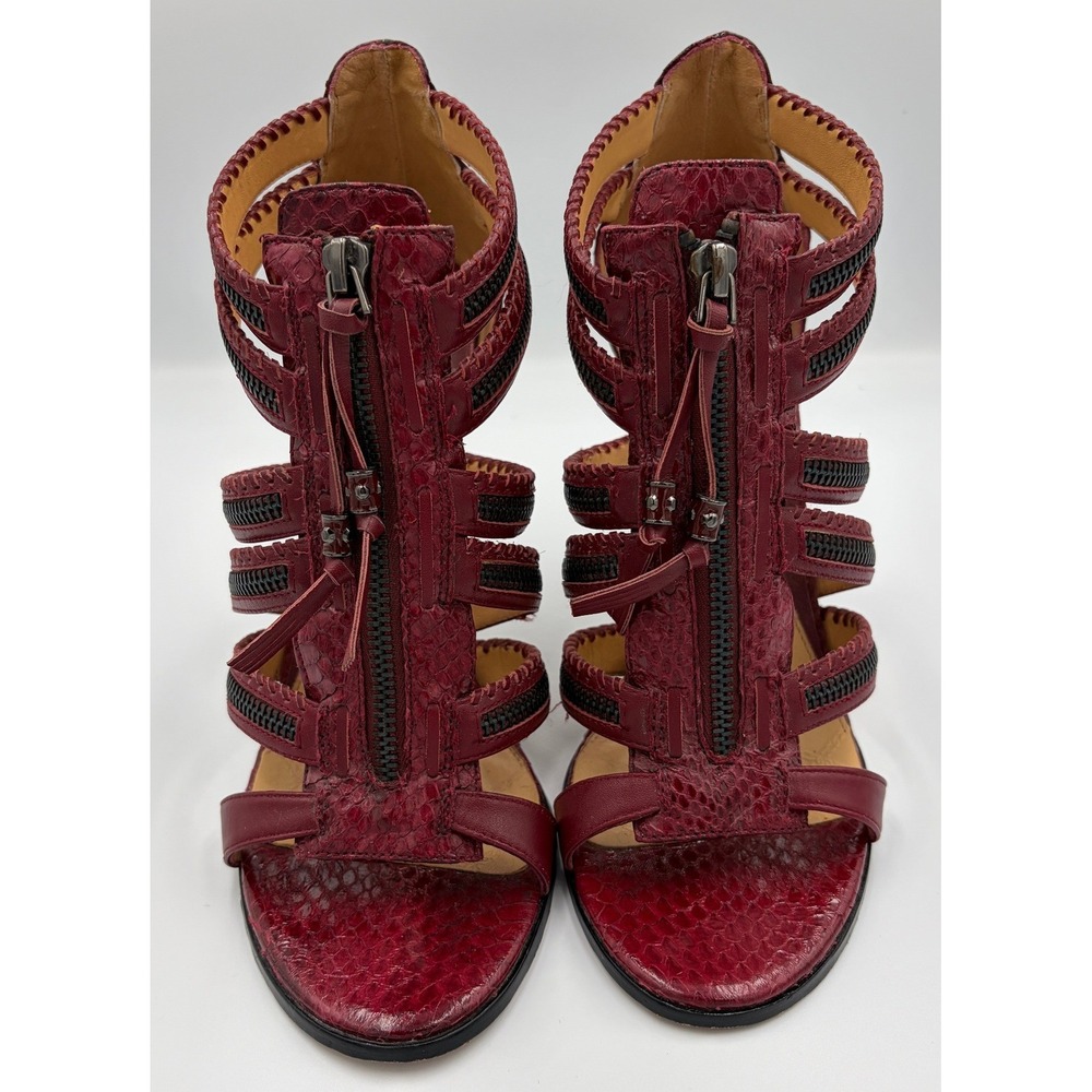 L.A.M.B. Womens Burgundy Snakeskin Zipper Gladiator Stiletto Heels 8.5 Edgy Rock